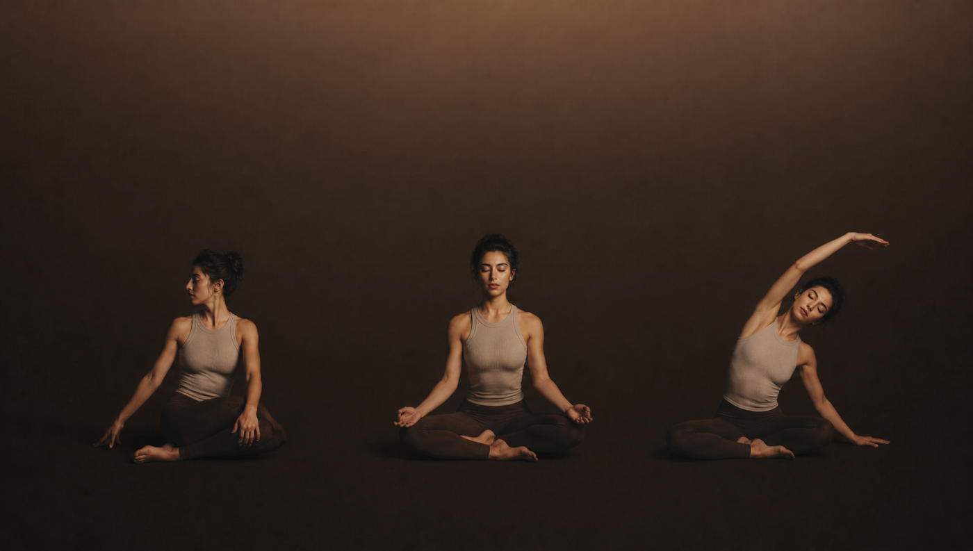Mujer haciendo 3 posturas de yoga